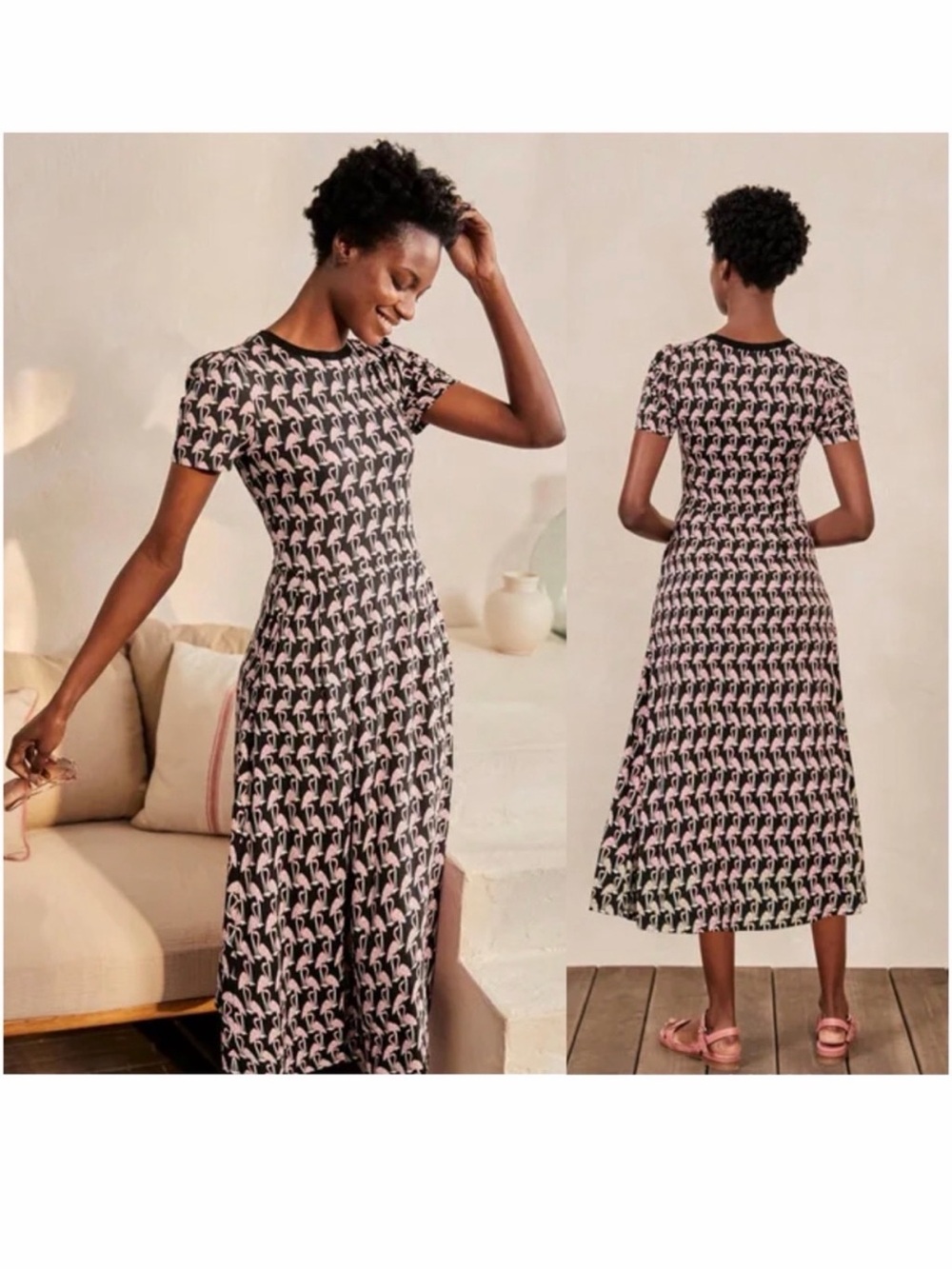 Boden Lucinda Jersey Midi Dress Tropical Flamingo Print